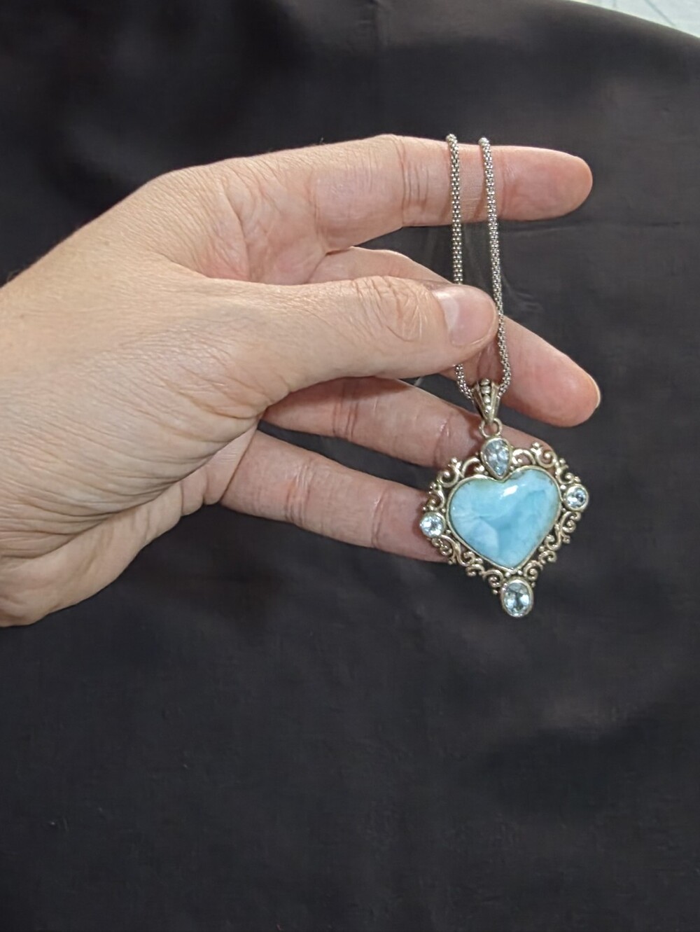 JTV Larimar & Blue Topaz Heart Pendant Necklace 18" Popcorn Chain #VMH045 - Picture 9 of 16